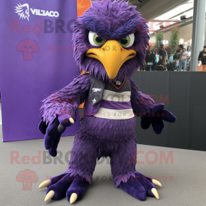 Purple Hawk mascot costume character dressed with a Flare Jeans and Foot pads