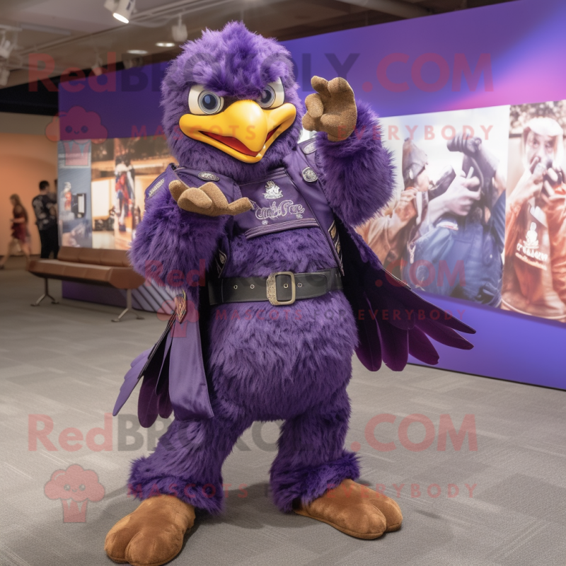 Purple Hawk mascot costume character dressed with a Flare Jeans and Foot pads