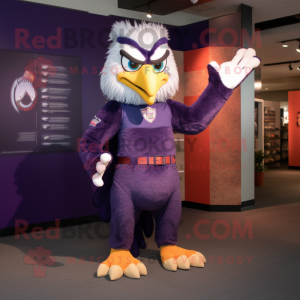 Purple Hawk mascot costume character dressed with a Flare Jeans and Foot pads