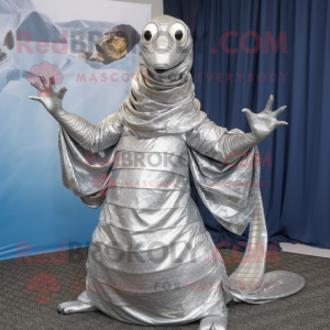 Silver Hydra mascot costume character dressed with a Blouse and Shawl pins