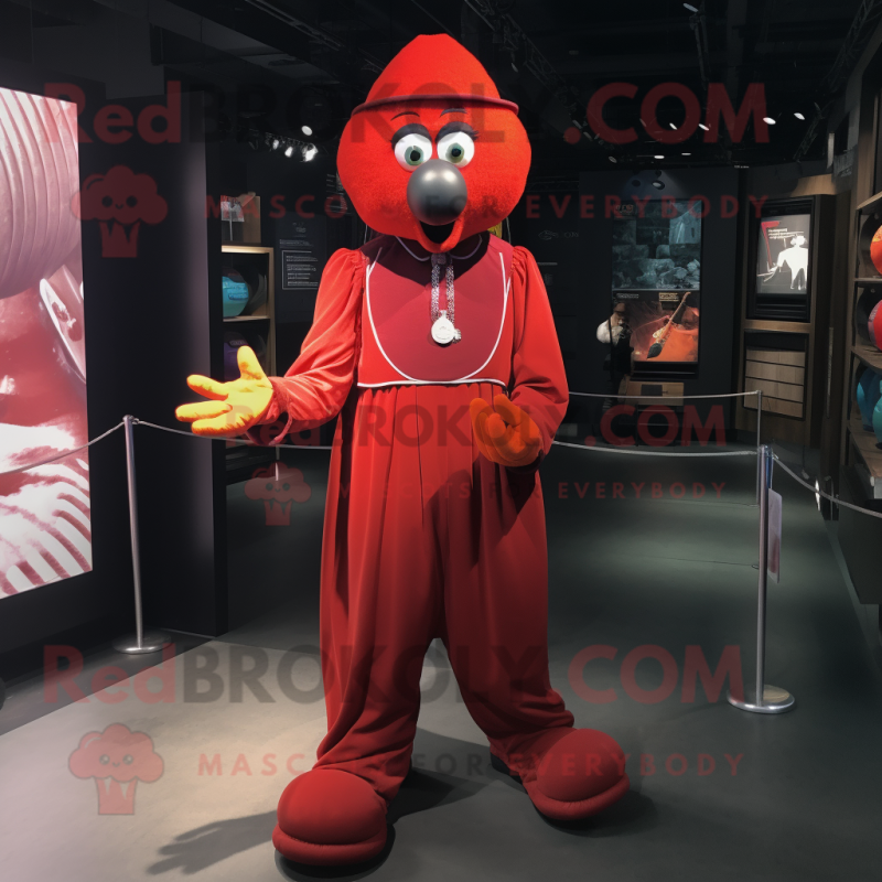 Red Juggle mascot costume character dressed with a Coat and Suspenders