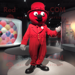 Red Juggle mascot costume character dressed with a Coat and Suspenders