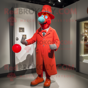 Red Juggle mascot costume character dressed with a Coat and Suspenders