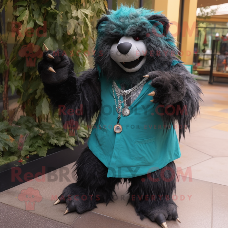 Teal Sloth Bear mascot costume character dressed with a Trousers and Necklaces Teal Sloth Bear mascot costume character dressed with a Trousers and Necklaces