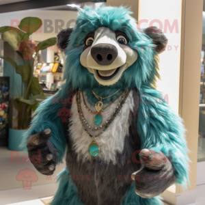 Teal Sloth Bear mascot costume character dressed with a Trousers and Necklaces