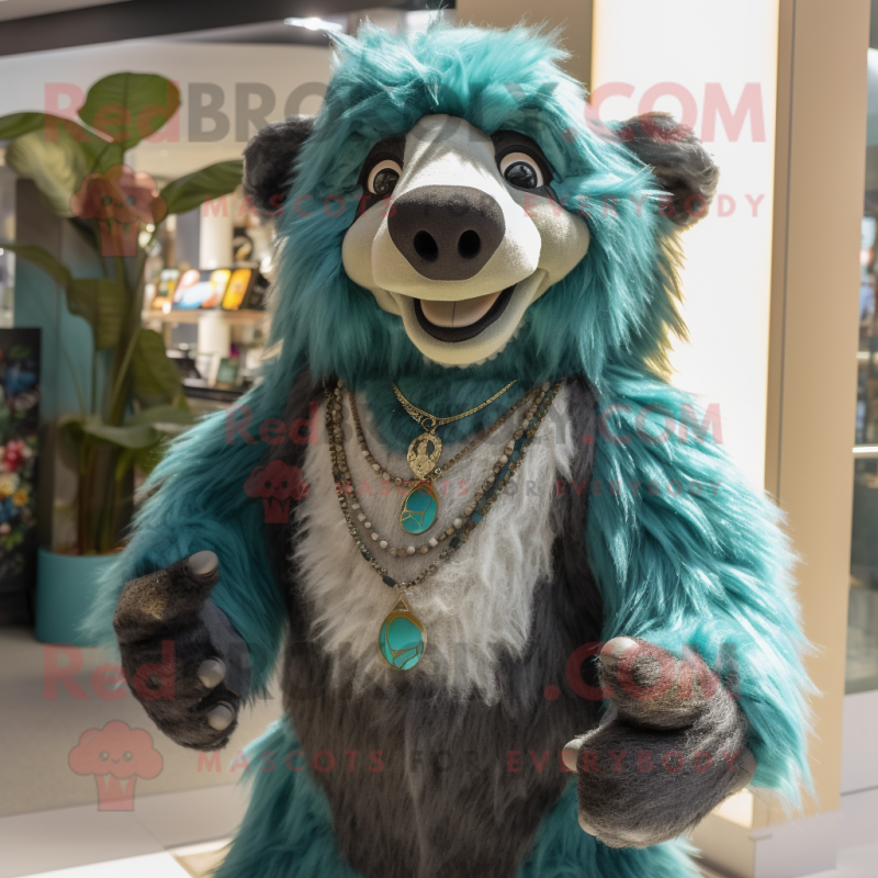 Teal Sloth Bear mascot costume character dressed with a Trousers and Necklaces Teal Sloth Bear mascot costume character dressed with a Trousers and Necklaces
