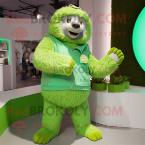 Lime Green Sloth Bear mascot costume character dressed with a Capri Pants and Rings