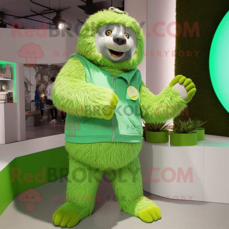 Lime Green Sloth Bear mascot costume character dressed with a Capri Pants and Rings Lime Green Sloth Bear mascot costume character dressed with a Capri Pants and Rings