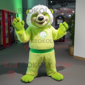 Lime Green Sloth Bear mascot costume character dressed with a Capri Pants and Rings