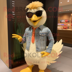 Tan Chicken mascot costume character dressed with a Flare Jeans and Sunglasses