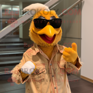 Tan Chicken mascot costume character dressed with a Flare Jeans and Sunglasses