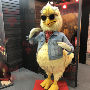 Tan Chicken mascot costume character dressed with a Flare Jeans and Sunglasses