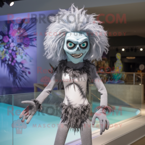 Silver Undead mascot costume character dressed with a Swimwear and Hair clips