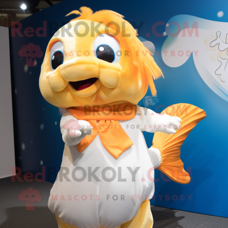 Cream Goldfish mascot costume character dressed with a Cover-up and Hairpins