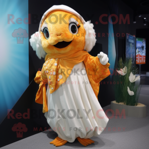 Cream Goldfish mascot costume character dressed with a Cover-up and Hairpins
