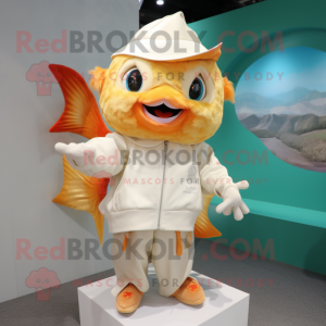 Cream Goldfish mascot costume character dressed with a Cover-up and Hairpins