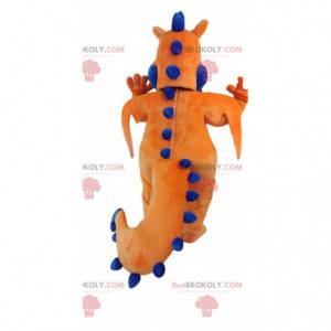 Linda mascota dragón naranja y azul. Traje de dragón -