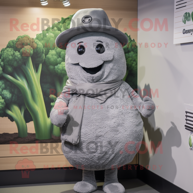 Gray Broccoli mascot costume character dressed with a Cover-up and Hat pins Gray Broccoli mascot costume character dressed with a Cover-up and Hat pins