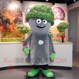 Gray Broccoli mascot costume character dressed with a Cover-up and Hat pins