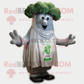 Gray Broccoli mascot costume character dressed with a Cover-up and Hat pins