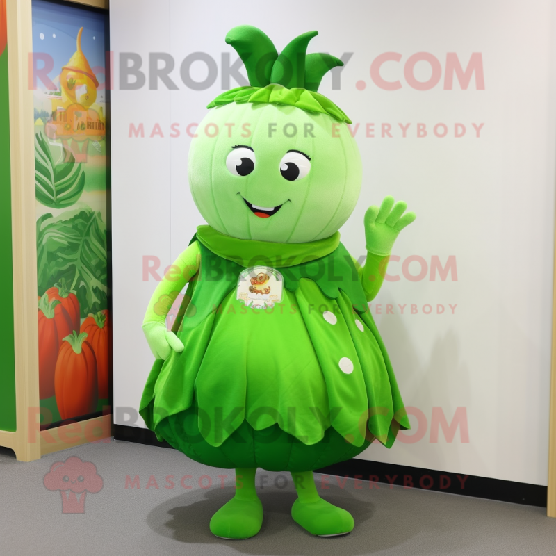 Green Turnip mascot costume character dressed with a Mini Skirt and Bracelets