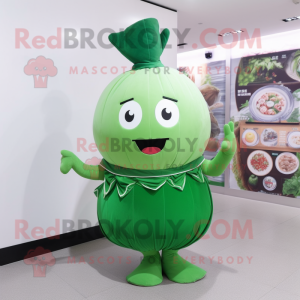 Green Turnip mascot costume character dressed with a Mini Skirt and Bracelets