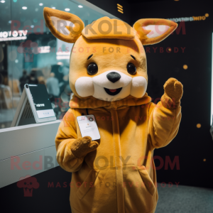 Gold Deer mascot costume character dressed with a Hoodie and Mittens