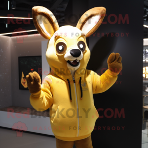 Gold Deer mascot costume character dressed with a Hoodie and Mittens