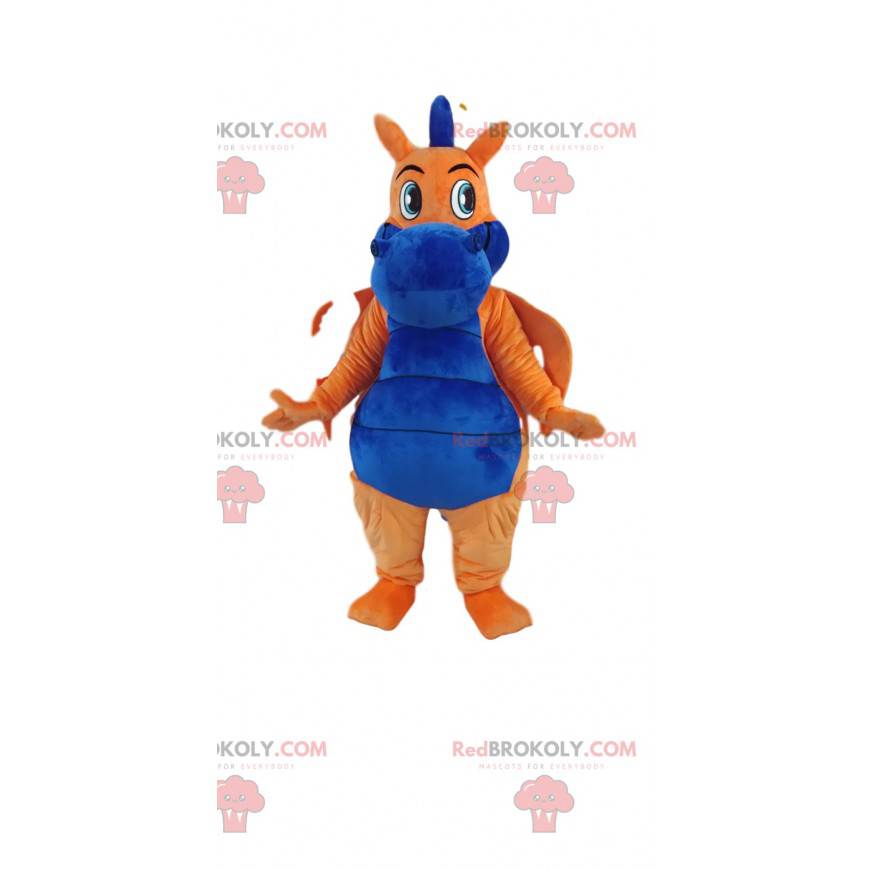 Mascotte de dragon orange et bleu tout mignon. Costume de