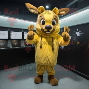 Gold Deer mascot costume character dressed with a Hoodie and Mittens