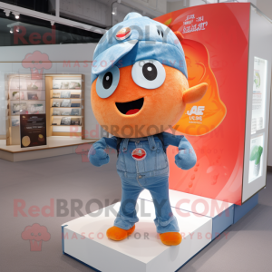 Peach Momentum mascot costume character dressed with a Denim Shorts and Hairpins