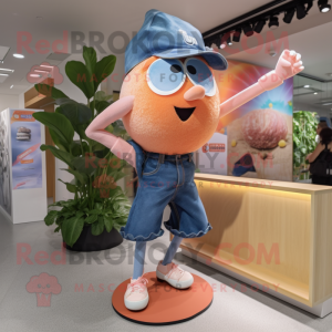 Peach Momentum mascot costume character dressed with a Denim Shorts and Hairpins