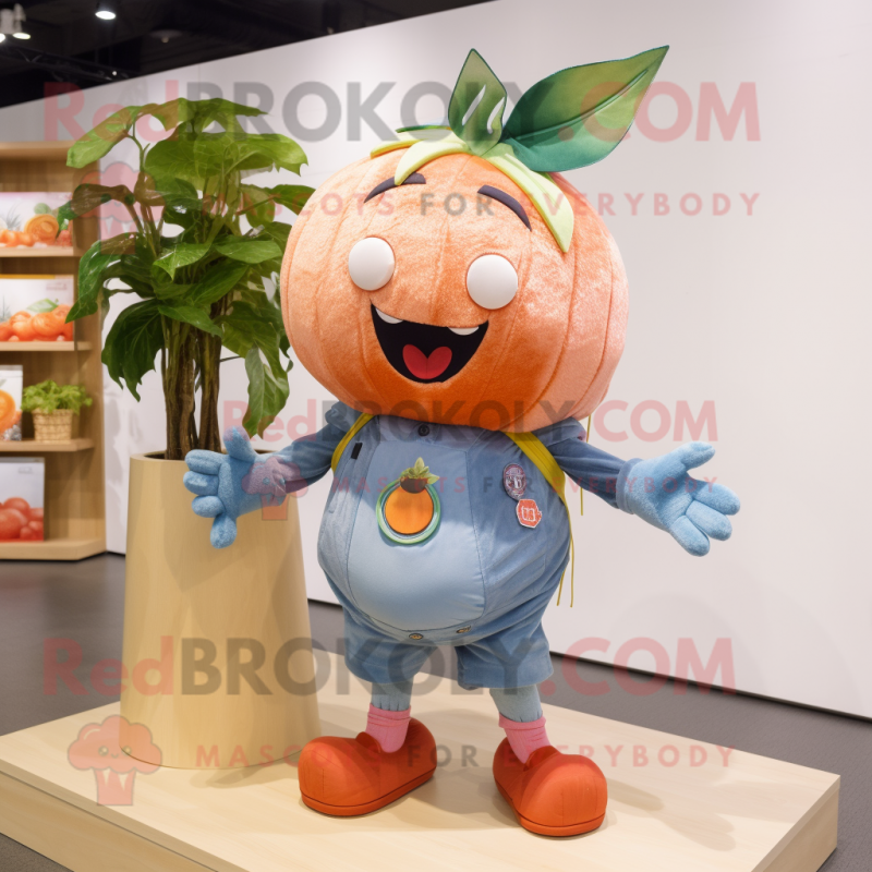Peach Momentum mascot costume character dressed with a Denim Shorts and Hairpins Peach Momentum mascot costume character dressed with a Denim Shorts and Hairpins