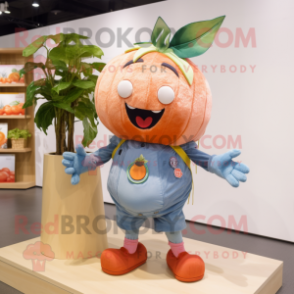 Peach Momentum mascot costume character dressed with a Denim Shorts and Hairpins