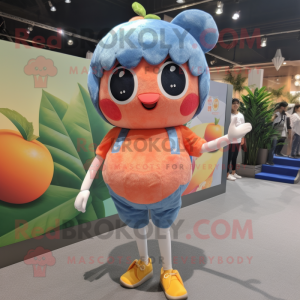 Peach Momentum mascot costume character dressed with a Denim Shorts and Hairpins