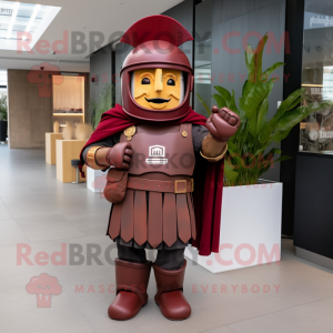 Maroon Roman Soldier mascot costume character dressed with a T-Shirt and Pocket squares