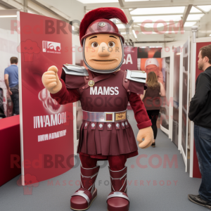 Maroon Roman Soldier mascot costume character dressed with a T-Shirt and Pocket squares