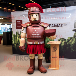 Maroon Roman Soldier mascot costume character dressed with a T-Shirt and Pocket squares