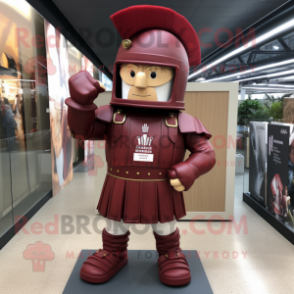 Maroon Roman Soldier mascot costume character dressed with a T-Shirt and Pocket squares