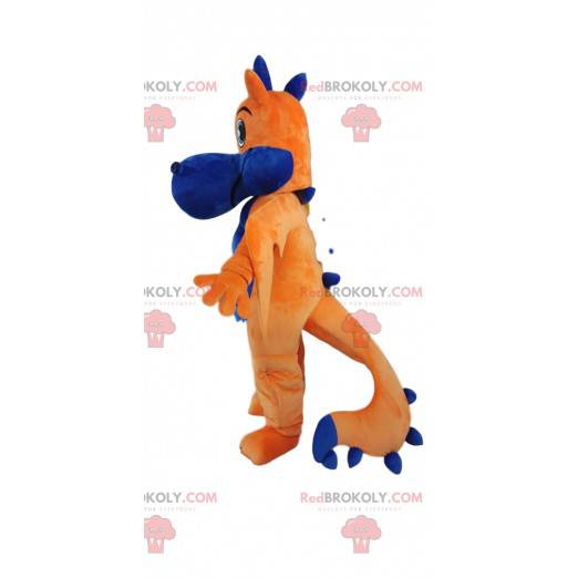 Mascotte de dragon orange et bleu tout mignon. Costume de