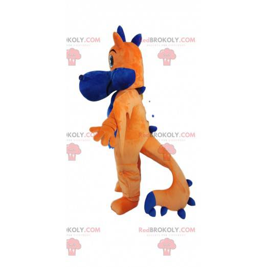 Nettes orange und blaues Drachenmaskottchen. Drachenkostüm -