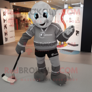 Gray Ice Hockey Stick mascot costume character dressed with a Playsuit and Foot pads