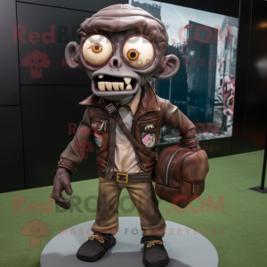 Brown Zombie mascot costume character dressed with a Leather Jacket and Wallets