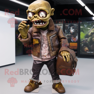 Brown Zombie mascot costume character dressed with a Leather Jacket and Wallets