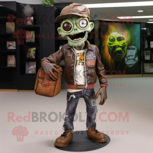 Brown Zombie mascot costume character dressed with a Leather Jacket and Wallets