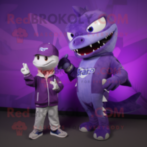 Purple Barracuda mascot costume character dressed with a Sweatshirt and Smartwatches