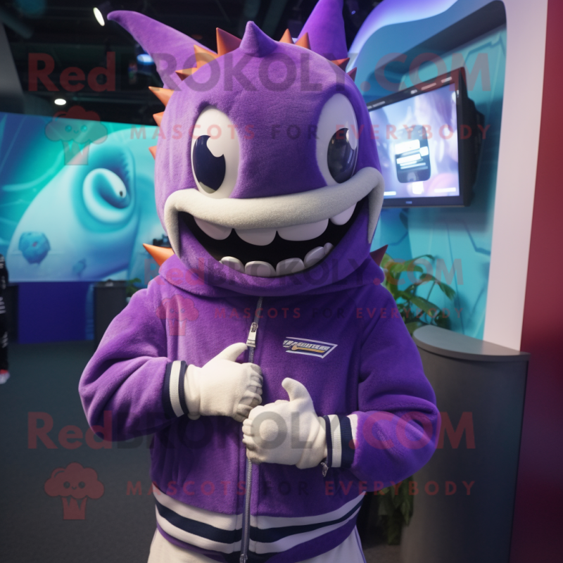 Purple Barracuda mascot costume character dressed with a Sweatshirt and Smartwatches Purple Barracuda mascot costume character dressed with a Sweatshirt and Smartwatches