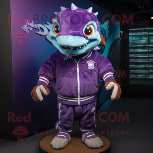 Purple Barracuda mascot costume character dressed with a Sweatshirt and Smartwatches