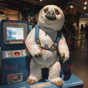 White Giant Sloth mascot costume character dressed with a Denim Shorts and Coin purses