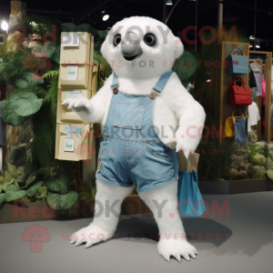White Giant Sloth mascot costume character dressed with a Denim Shorts and Coin purses